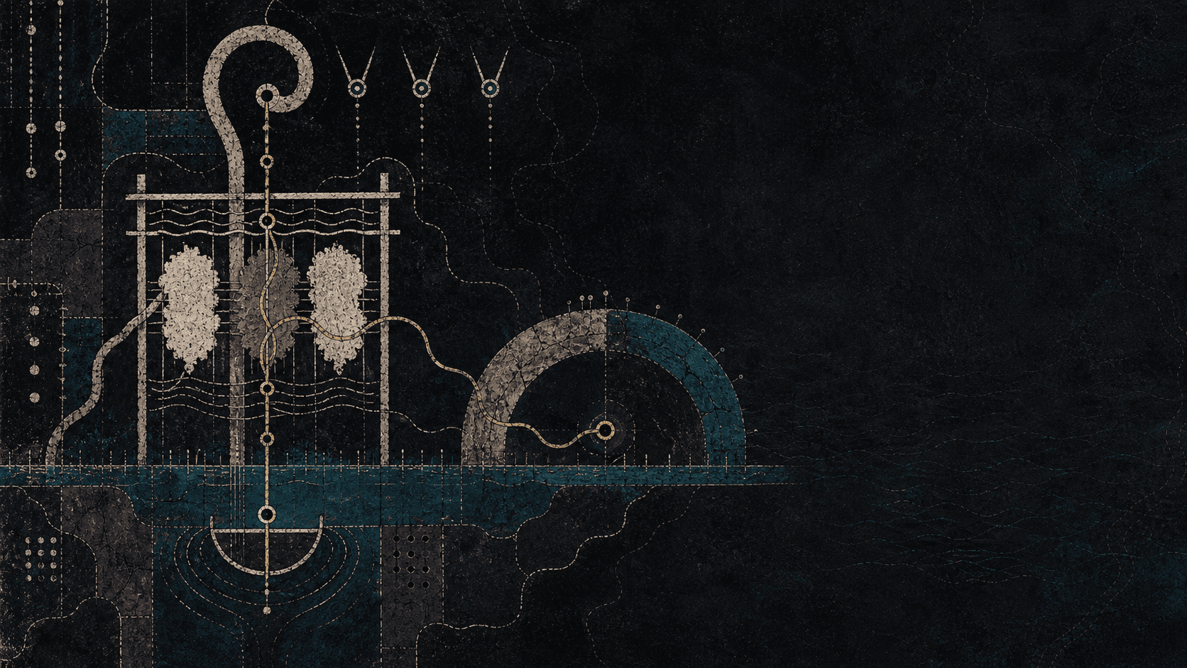 Abstract shepherd loom, neural tether, water crossing, and cracked Praxis dome emblem