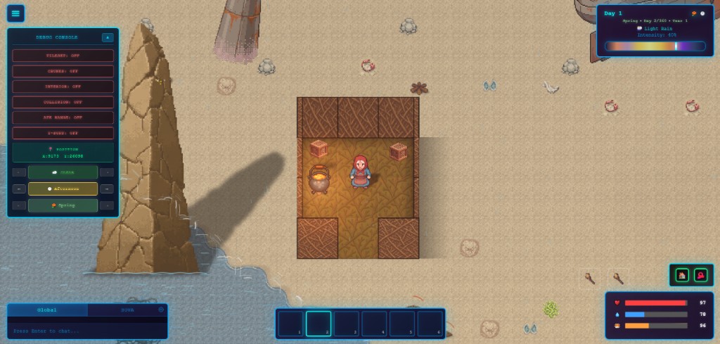 Broth & Bullets gameplay — building a shelter with the debug console open