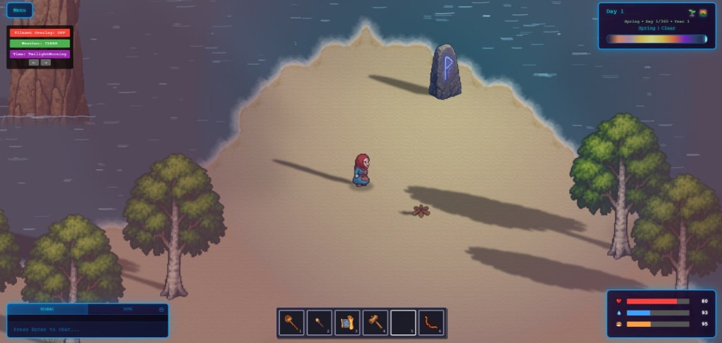 Broth & Bullets gameplay — discovering a glowing blue rune at twilight